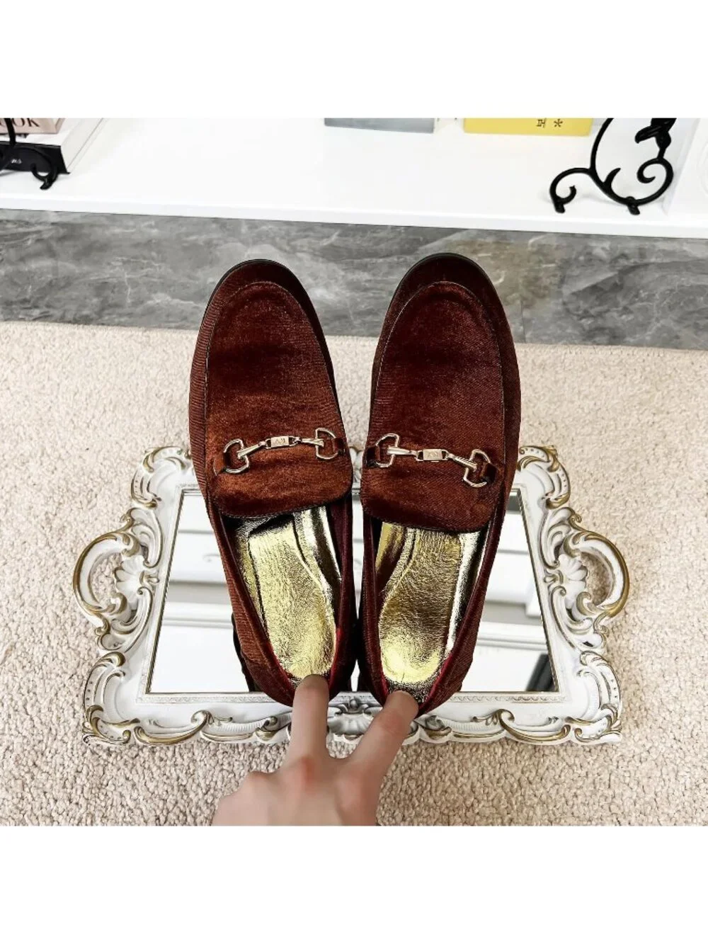 LCQL Men's Brown Leather Velvet Loafer Gold Buckle Slip On Comfortable Shoes